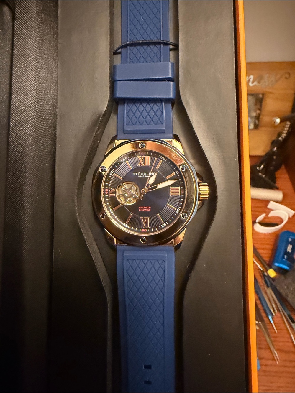 Stührling Blue Dial Automatic Watch with Blue Silicone Strap